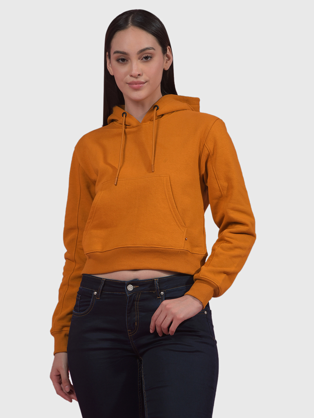 Numero Uno Women Ochre Cropped Hooded Sweatshirt